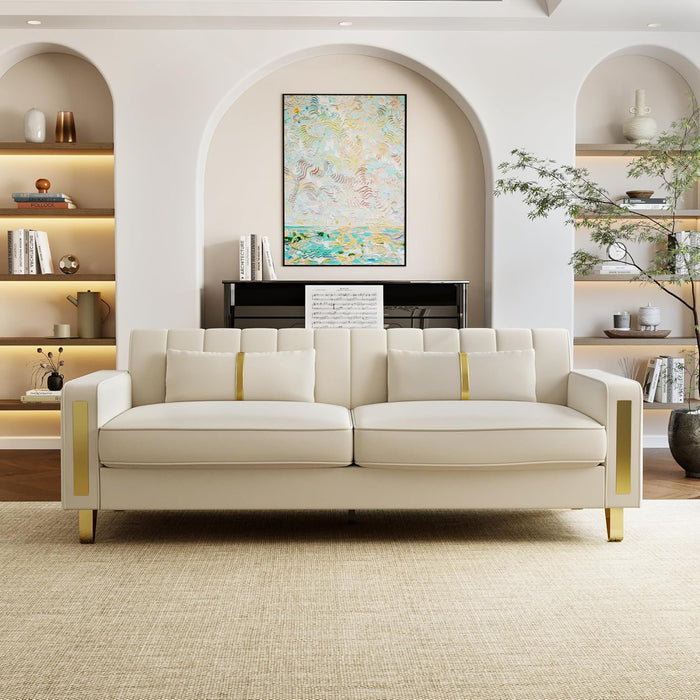 2-Piece Loveseat Couch Set for Living Room, 86" Beige Velvet Sofa Couch with 4 Pillows & Gold Metal Legs, Modern Upholstered Sofa Set Love Seat Sectional Couches for Apartment Home Office
