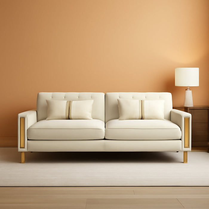 Loveseat Couch for Living Room, 86" Beige Velvet Sofa Couch with 2 Pillows & Gold Metal Legs, Modern Upholstered Sofa Love Seat Sectional Couches for Apartment Home Office