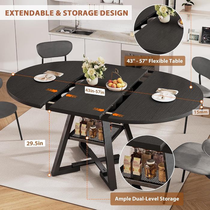Expandable Kitchen Dining Table for 4-6, Oval round Dining Table with Storage Shelf and Removable Extension Leaf, Space Saving Pedestal Table for Dining Room, Modern Industrial Style (Black)