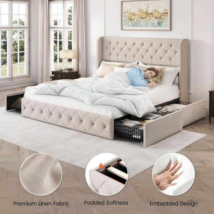 King Size Bed Frame with 4 Storage Drawers and Tufted Headboard Linen Upholstered Platform Bed Frame Wingback Beds with Wooden Slats Support, Easy Assembly, Beige