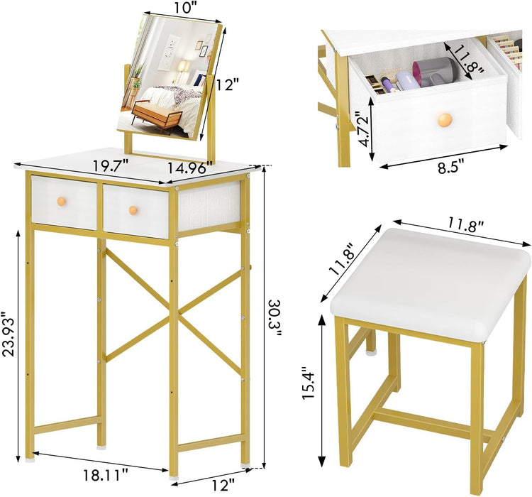 Small Makeup Vanity Desk with Mirror & Chair, Mini Vanity Desk Table Set with Fabric Storage Drawer, 19.7" Compact Vanity Desk for Girls, Dressing Table with Chair for Bedroom, White Golden