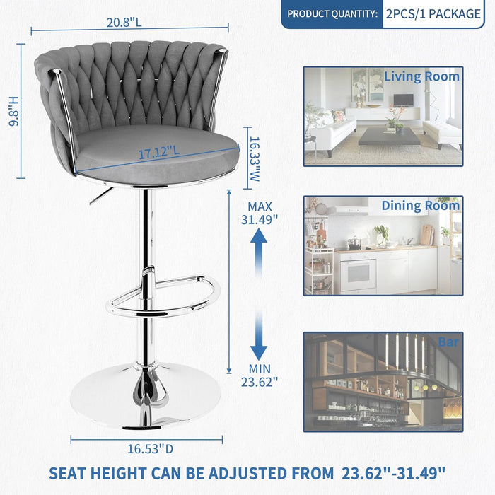Velvet Bar Stools Set of 4,Modern Swivel Bar Chairs Counter Height Barstool,Adjustable Barstools with High Backrest,Upholstered Kitchen Island Chairs,Grey