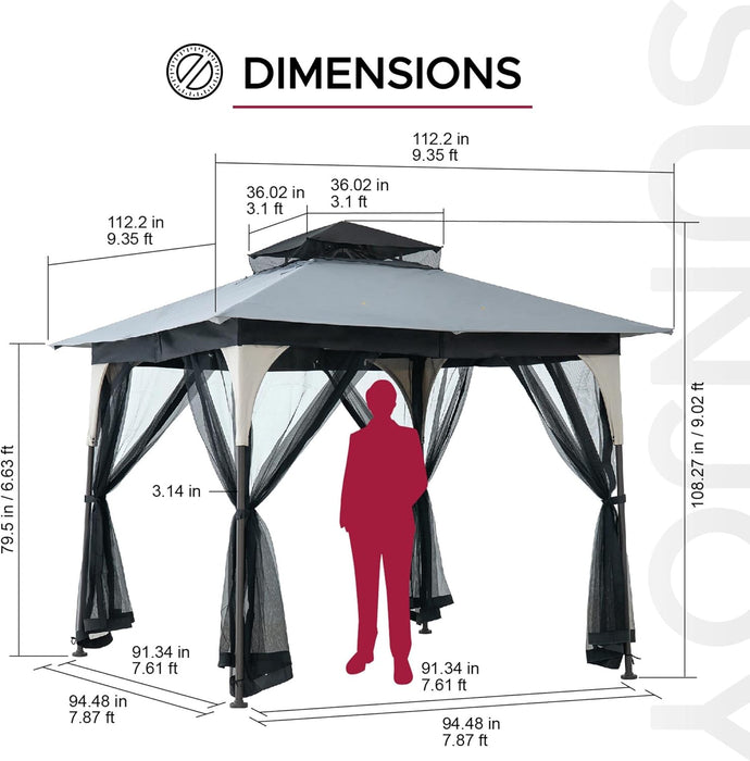 9 Ft. X 9 Ft. Gazebo with 2-Tier Canopy Roof, Steel Frame Soft Top Gazebo with Ceiling Hook and Mosquito Netting, Tan and Black