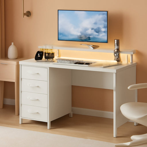 47 Inch Computer Desk with Power Outlets and LED Lights, Gaming Desk with 4 Drawers, Office Desk with Monitor Stand, Study Desk Work Desk for Home Office, Small Spaces, White