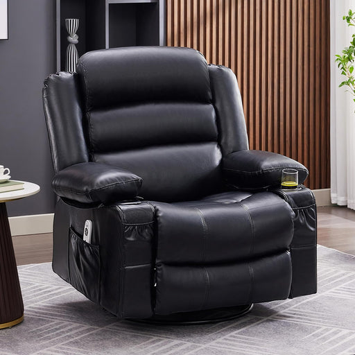 Rocker Recliner Chair with Heat and Massage, 360° Swivel Recliner Chairs for Adults, Oversized Recliner Single Sofa Seat with Cup Holders, Lazy Boy Recliner Single Sofa Seat, Black