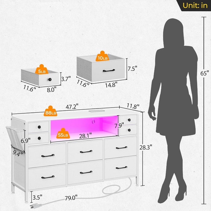 Dresser for Bedroom with LED Lights and Power Outlets, 55" TV Stand with 10 Drawers, Fabric Chest of Drawers with Side Pocket, PU Finish, Sturdy Frame & Wood Top, White
