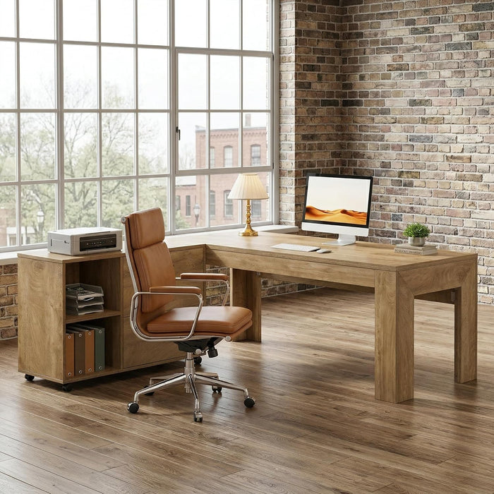 63'' L Shaped Office Desk with Drawers and Shelves,Large Executive Desk with Rolling File Cabinet Combo,Home Office Computer Desk,Brown
