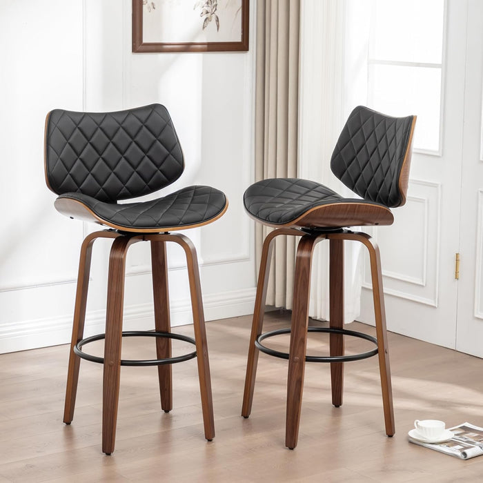 26" Swivel Bar Stools Set of 2, Mid Century Modern Counter Height Barstools Black Leather Upholstered Bar Chairs for Kitchen Island/Dining Room/Cafe