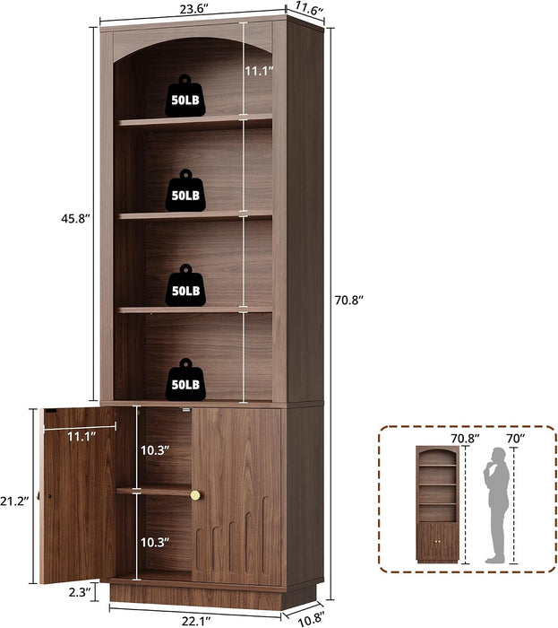 Book Shelf and Bookcases with Doors Floor Standing 6 Shelf Display Storage Shelves, 70.8" Tall Bookcase for Home Office, Living Room, Mid-Century Modern, Walnut Brown