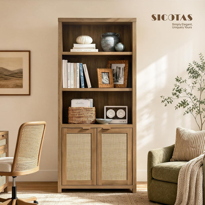 71" Tall Bookcase 5 Tier Rattan Bookshelf with Doors for Library | Farmhouse Storage Book Shelf with Adjustable Shelves Large Book Case Bookshelves for Living Room Home Office Bedroom Kitchen