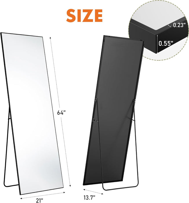 Full Length Mirror 64"X21" Full Body Floor Mirror for Bedroom or Cloakroom, Can Stand Alone, Hang or Lean against Wall, Tall Wall Mirror with Stand, Black