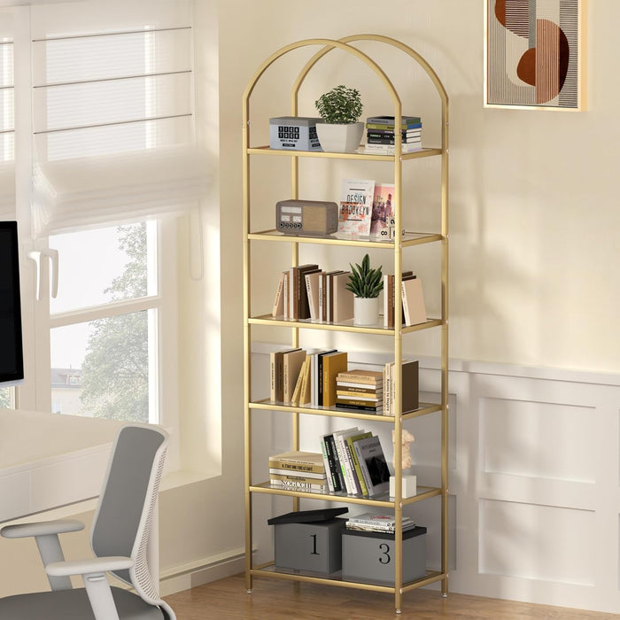 Goldtone StainlessSteel TemperedGlass SixTier Bookshelf
