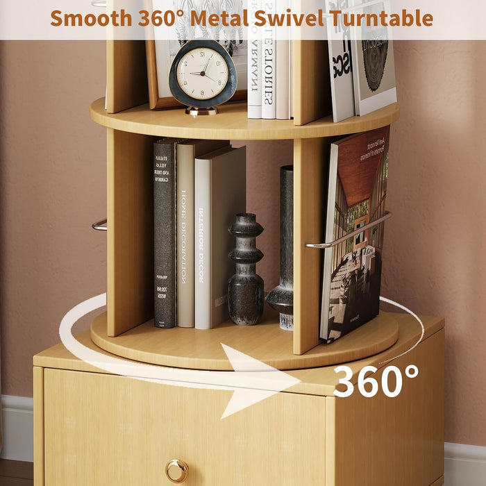 5-Tier Wood Rotating Bookshelf with Drawer & Lockable Wheels, Natural