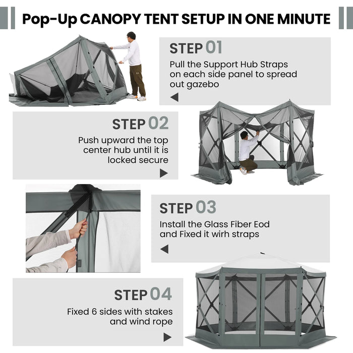 12X12Ft Pop-Up Gazebo EZ Set-Up Camping Canopy Tent with 6 Sides Mosquito Netting, Waterproof, UV Resistant, Portable Screen House Room, Outdoor Party Tent with Carry Bag, Ground Spike, Gray