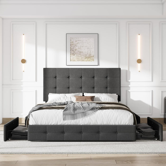 Upholstered Queen Size Platform Bed Frame with 4 Storage Drawers, Adjustable Headboard with Square Stitched Button Tufted Design, Wooden Slat Support, No Box Spring Needed, Dark Grey