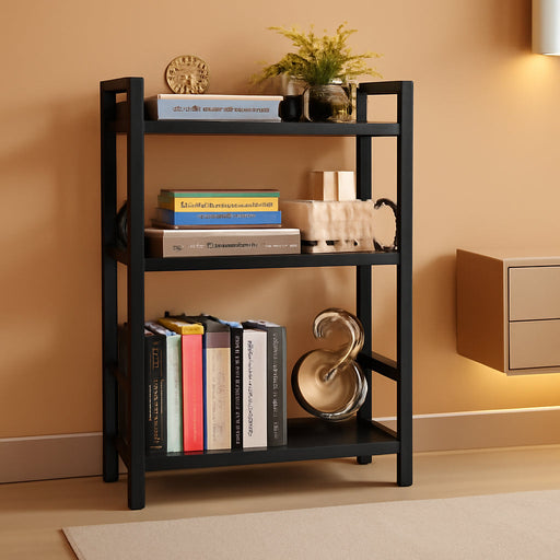 Book Shelf Small Bookshelf - 3-Tier Wood Bookcase Industrial Bookshelf Metal Narrow Bookcase Storage Organizer Display Rack for Bedroom Living Room Home Office (Black)