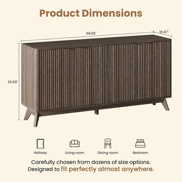 59'' Sideboard Buffet Storage Cabinet with Metal Handle, Fluted Cabinet with Rounded Corners, Modern Buffet Table Accent with 4 Doors for Coffee Bar, Console Table,Walnut