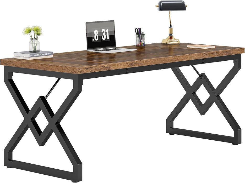 63" Large Industrial Executive Desk with Extra Thickened Tabletop & Metal Frame, Heavy-Duty 300 Lb Capacity Home Office Desk for Study Room, Dorm, Bedroom – Vintage Brown & Black