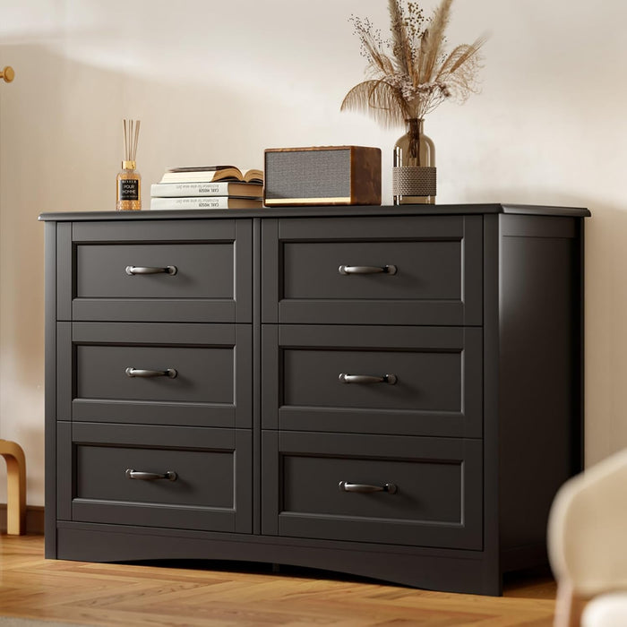 47" 6 Drawer Dresser, Black Wide Chest of Drawers for Bedroom