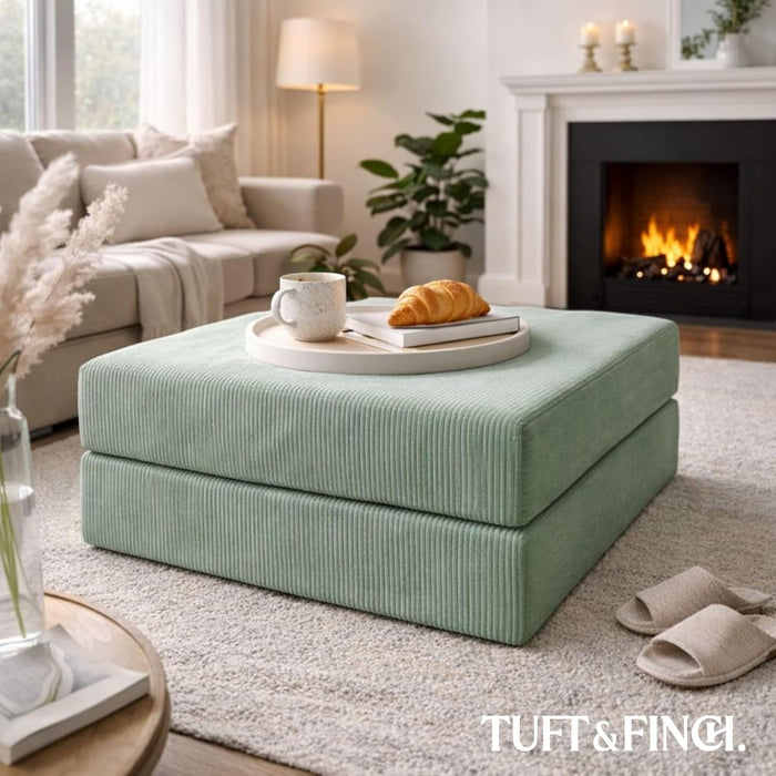 2-Piece Modular Corduroy Sage Green Ottoman – Boneless Convertible Floor Sleeper & Guest Seating Mat – Pet-Friendly, High-Density Certipur-Us Foam, Washable Covers, Anti-Slip Base