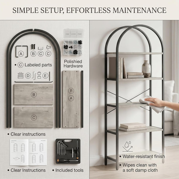 71" Arched Bookcase, 5-Tier Industrial Bookshelf with Metal Frame, Tall Storage Display Shelf for Living Room, Bedroom, Home Office, Gray