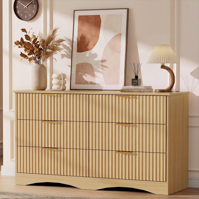 Bedroom Dresser, 47.2" Fluted Wood Dressers, 6 Drawer Dresser