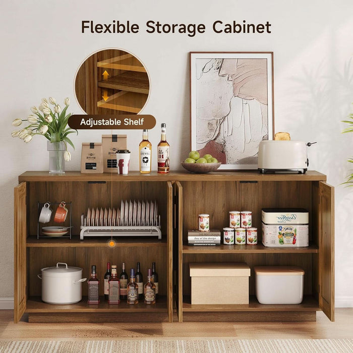 63 Inch Buffet Cabinet with Storage, 4 Square Doors, Brown