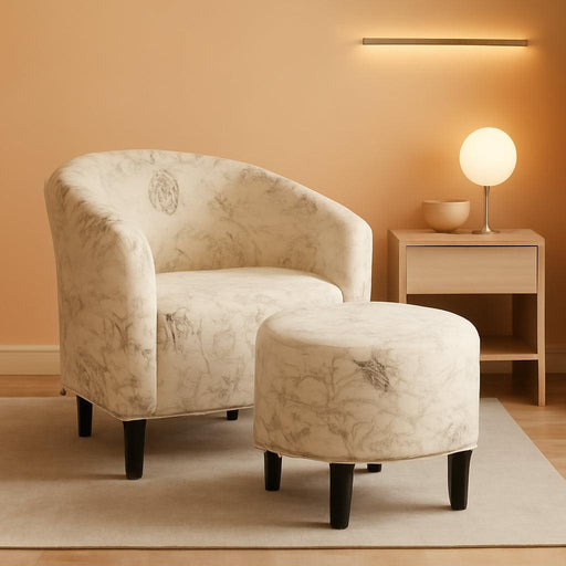 Modren Club Chair with Ottoman, Fabric Accent Armchair with Footstool, Upholstered Barrel Chair and Footrest for Living Room Bedroom Guestroom, Letter Print