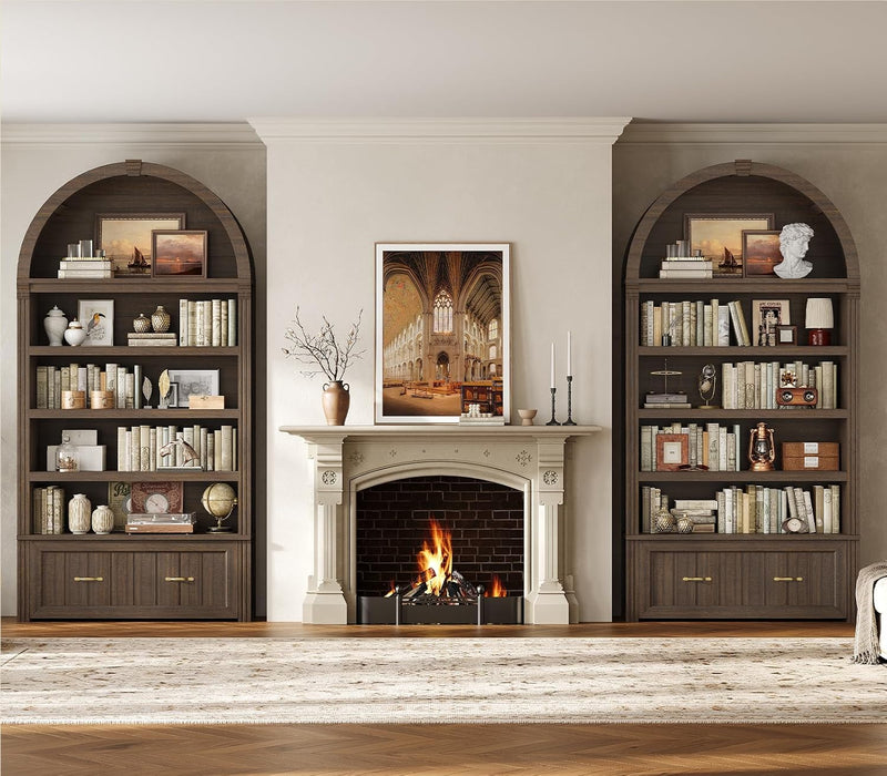 83"X39" Tall Arched Cabinets,Bookcase with Storage,5-Tier Bookshelf | Walnut Large Bookcase, Wood Mid-Century Modern, Widened Adjustable Shelves Offering More Storage for Living Room, Home Office