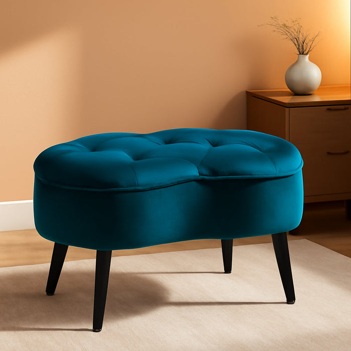 Tufted Oblong Velvet Ottoman - Mid Century Modern Design Furniture with Steel Legs - Soft, Compact, Padded Foot Stool for Living Room, Office and Bedroom- Teal Velvet, 22.5X15 Inches