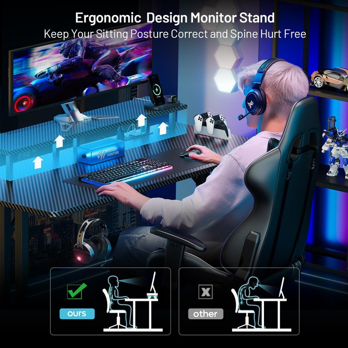 Ergonomic 63 Inch Gaming Desk With LED Lights - ShipItFurniture