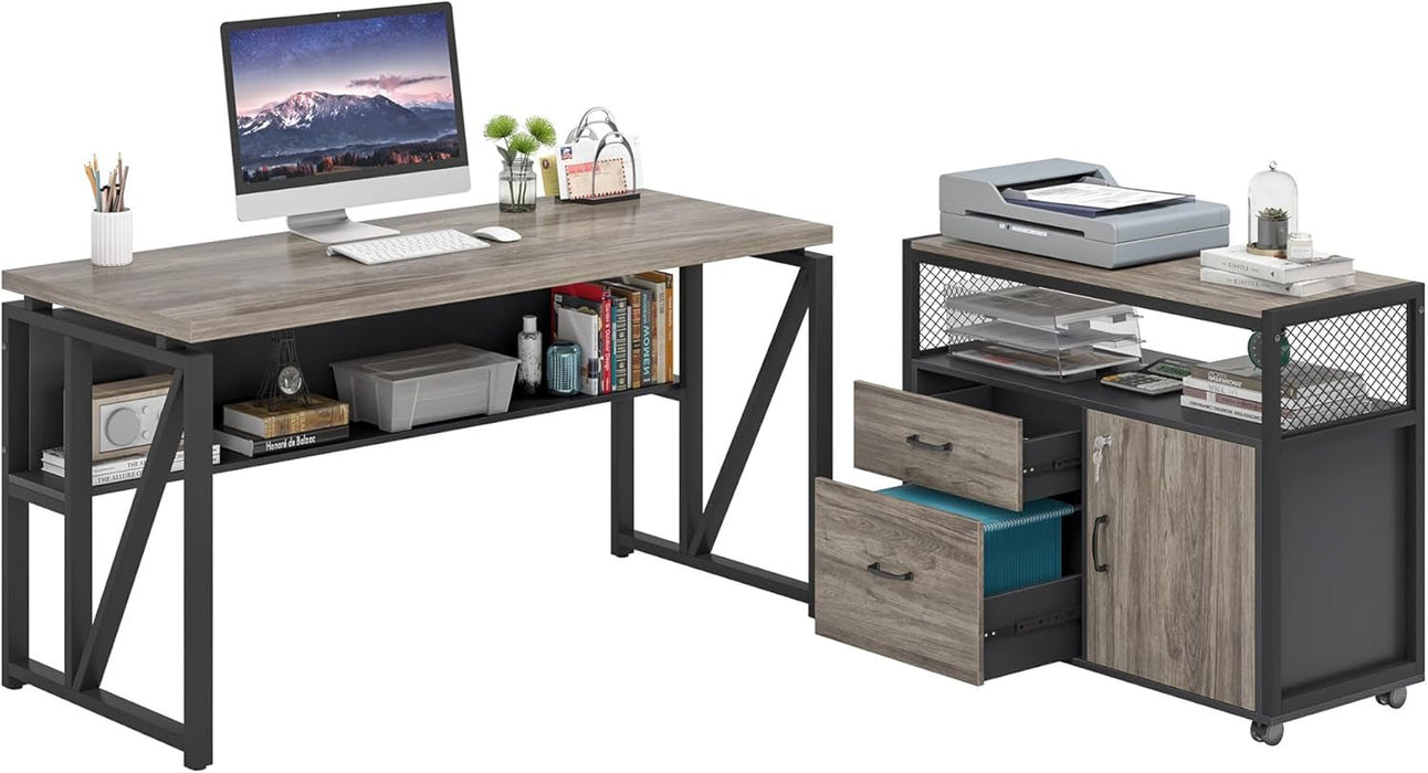 Executive Office Computer Desk and Mobile File Cabinet - ShipItFurniture