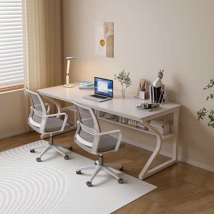 Extra Long Desk with Bookshelf - 63" Double Long Writing Table for 2 - Person Workstation, Modern Study Work Computer Desk for Home and Office, Warm White - ShipItFurniture