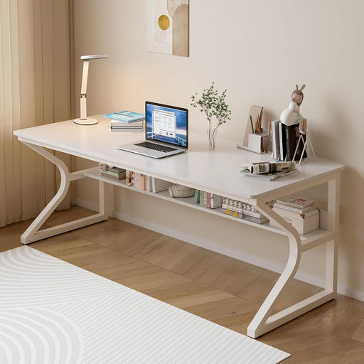 Extra Long Desk with Bookshelf - 63" Double Long Writing Table for 2 - Person Workstation, Modern Study Work Computer Desk for Home and Office, Warm White - ShipItFurniture
