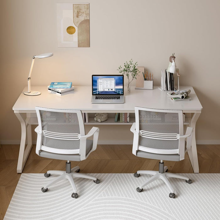 Extra Long Desk with Bookshelf - 63" Double Long Writing Table for 2 - Person Workstation, Modern Study Work Computer Desk for Home and Office, Warm White - ShipItFurniture