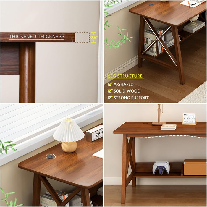 Extra Long Solid Wood Desk with Bookshelf Storage - ShipItFurniture