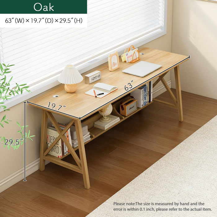 Extra Long Solid Wood Desk with Bookshelf Storage - ShipItFurniture