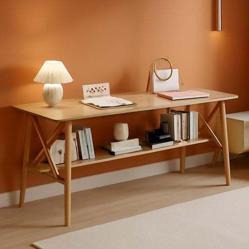 Extra Long Solid Wood Desk with Bookshelf Storage - ShipItFurniture