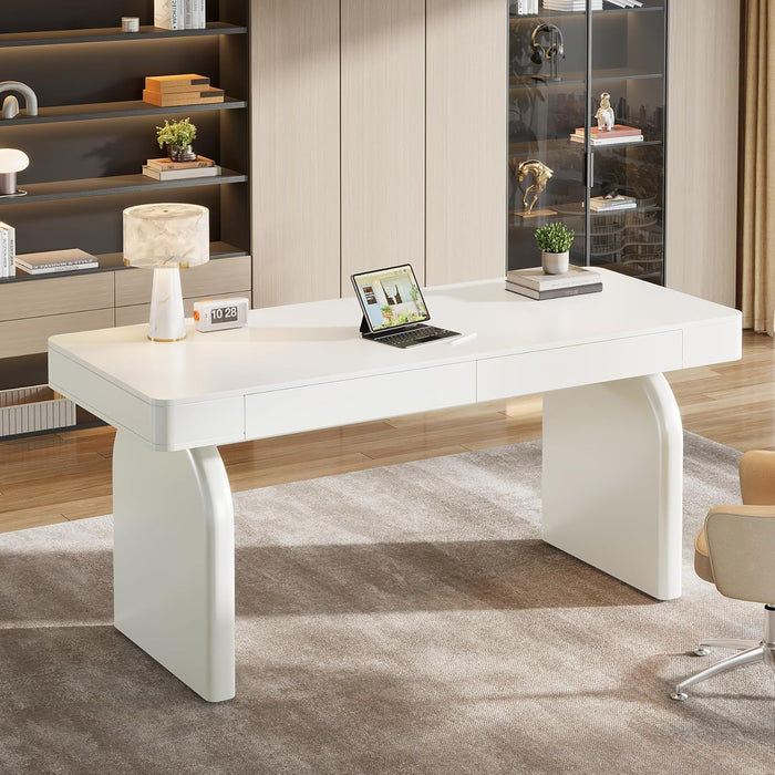 White Desk with Drawers, 63-Inch Modern Executive Office Desk, Glossy Elegant Work Study Writing Table for Home Office, Cream White