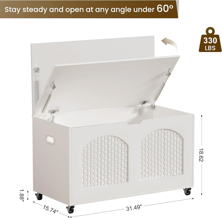Storage Chest with Wheels,Sturdy Entryway Bench Supports 220 Lb, Shoe Bench, Safety Hinge, U-Shaped Opening,Rattan, Easy Assembly,Wooden Storage Bench for Bedroom,Living Room,Entryway (White)