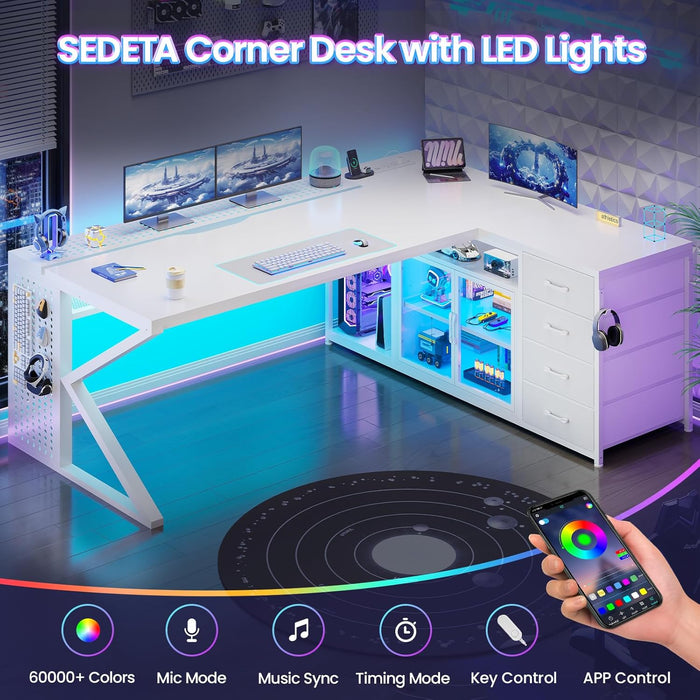 L Shaped Gaming Desk, 63" Lx27.6 W Computer Desk with 4 Drawers & Display Cabinet, Executive Office Desk with Storage Shelves & LED Light for Home Office, White