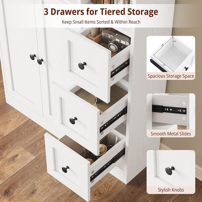 Bookshelf with 2 Doors and 3 Drawers, 71" Storage Bookcase, White
