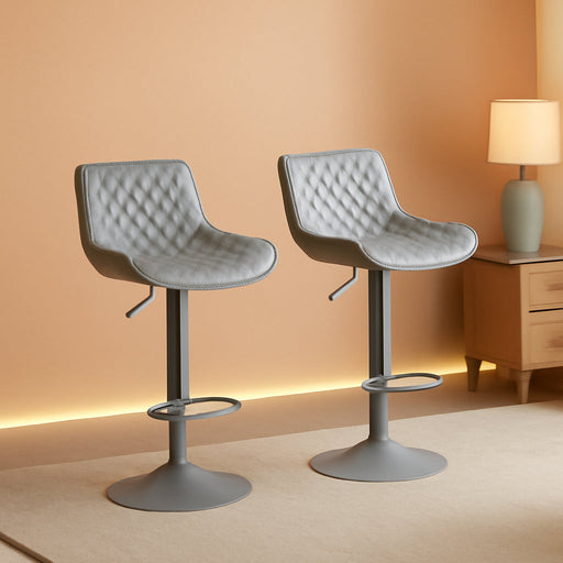 All Grey Bar Stools Set of 2, Upholstered Counter Height Bar Stool, Adjustable Swivel Faux Leather Barstools, with Padded Back, Metal Base, Kitchen Chairs for Home Island