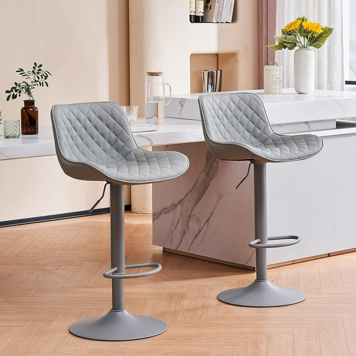 All Grey Bar Stools Set of 2, Upholstered Counter Height Bar Stool, Adjustable Swivel Faux Leather Barstools, with Padded Back, Metal Base, Kitchen Chairs for Home Island