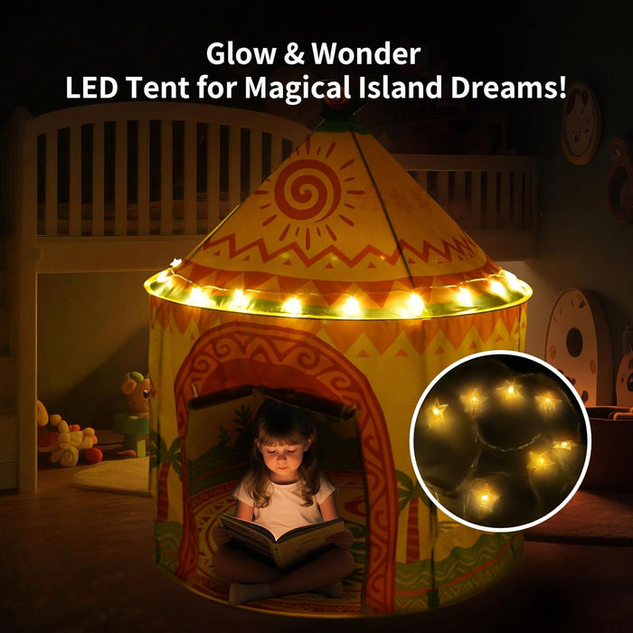 Tropical Adventure Princess Play Tent for Kids, 53"X41" Island-Themed Pop-Up Playhouse with LED Lights & Carry Bag, Indoor Outdoor Tent for Girls & Boys Ages 3–9