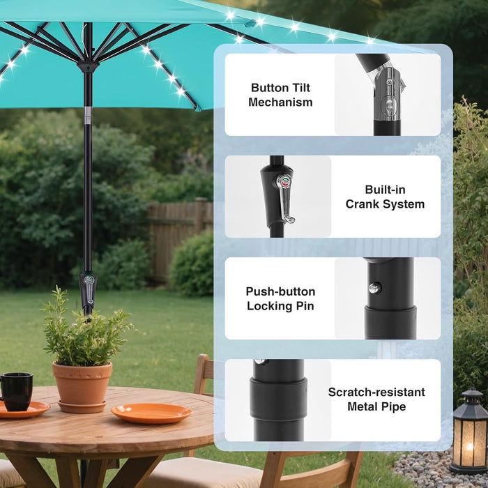 Outdoor Solar Patio Umbrella with 32 LED Lights, Beach Market Table Umbrella with Crank and 8 Sturdy Ribs for Pool, Terrace, Restaurant