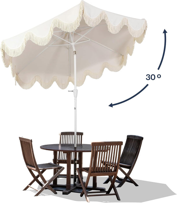 UMB1001 Collins 9 Ft. Classic Cottage Tassel Market Patio Umbrella with Auto-Tilt, Crank, Wind Vent and UV Protection