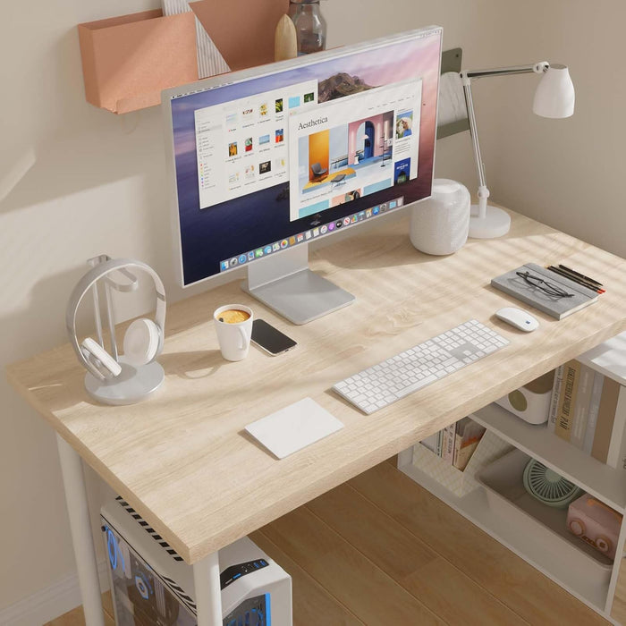 L Shaped Computer Desk, 47 Inch Home Office Desk with File Drawers & Storage Shelves, Small Corner Computer Desk for Small Space (White + Walnut)