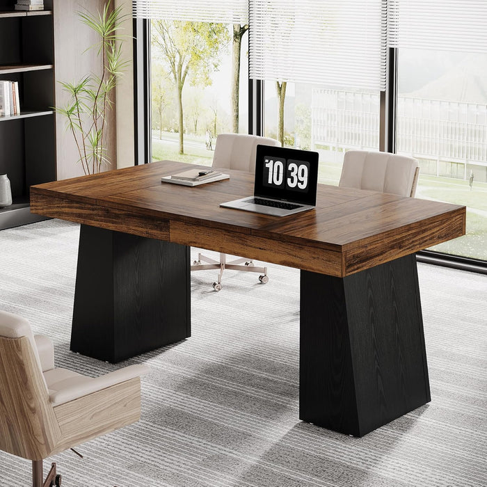 55 Inches Executive Desk, Mid-Century Modern Home Office Desk, Wood Computer Table Business Workstation Small Conference Table, Black & Brown