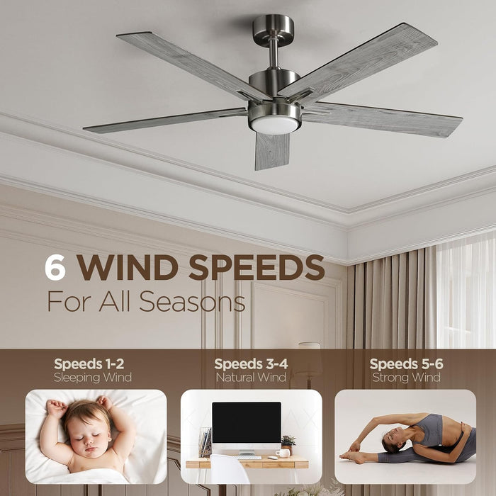 52 Inch Ceiling Fan Brushed Nickel Remote Controlled Dimmable Light Combo - Quiet Reversible - 5 Grey Blades